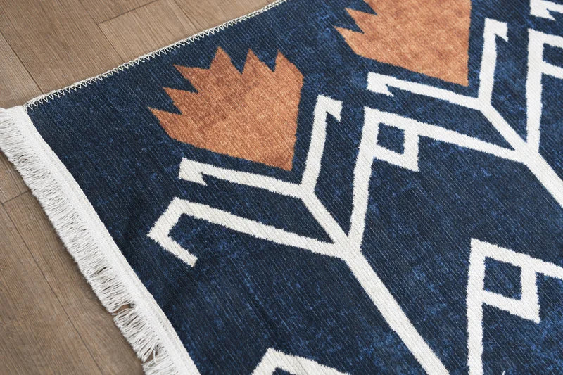 Blue Printed Kilim Style Rug 