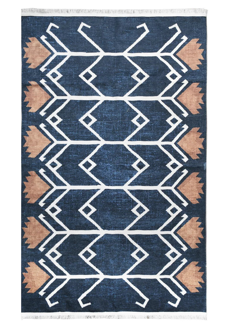 Blue Printed Kilim Style Rug